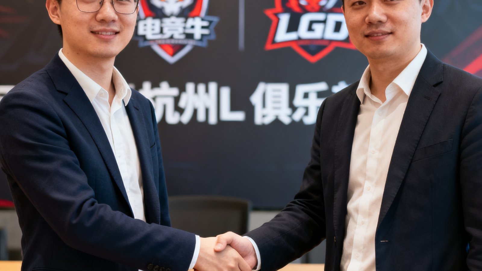 电竞牛创始人陈昊与杭州LGD俱乐部代表在签约仪式上握手，背景是双方Logo展示墙