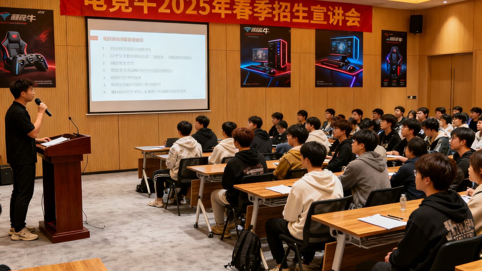 电竞牛在杭州举办2025年春季招生宣讲会，数百名年轻人和家长在会场中聆听课程介绍