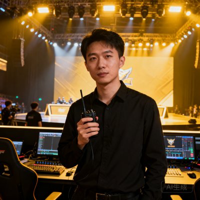 赛事运营班毕业学员张正宇的正面半身照，他站在大型电竞赛事舞台后方控制区，手持对讲机正在协调现场工作